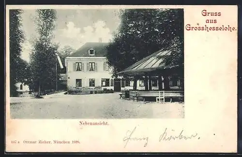 AK Grosshesselohe, Gasthof, Nebenansicht mit Pavillon