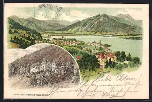 AK Tegernsee, Das Sengerschloss und Ortspanorama mit Bergmassiv