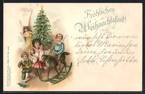 Lithographie Kinder mit Schaukelpferd und Engel unterm Christbaum, Weihnachtsgruss