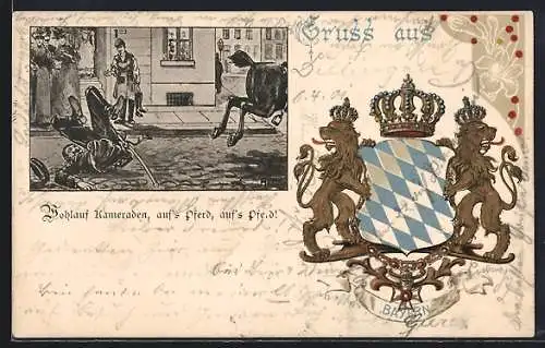 Lithographie Bayern, Wappen mit Landesfarben und goldenen Löwen, Wohlauf Kameraden