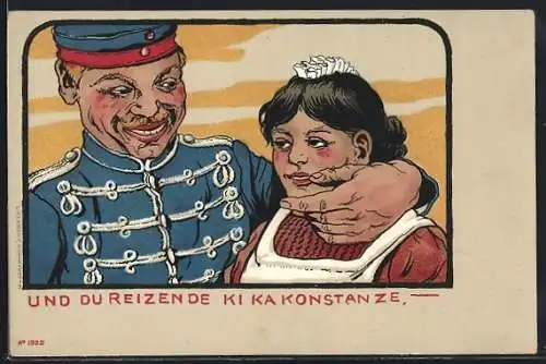 Lithographie Und Du reizende Ki Ka Konstanze, Soldat beim Schäkern mit Dienstmädchen