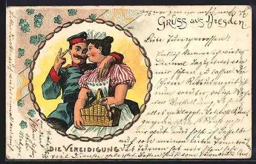 Lithographie Die Vereidigung, Soldat mit Dienstmädchen und Naturalien-Korb