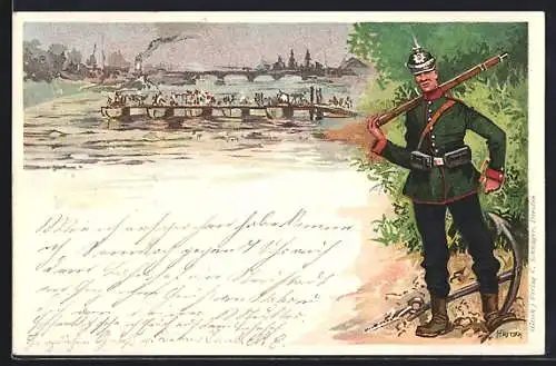 Lithographie Bau einer Ponton-Brücke, Soldat mit geschultertem Gewehr am Ufer