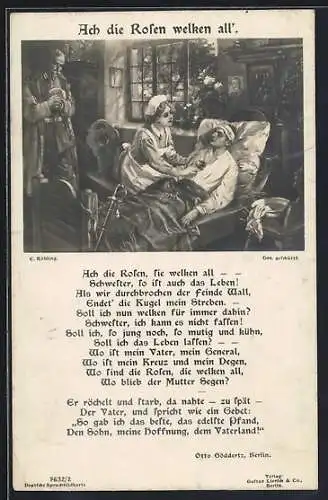 Künstler-AK Rotes Kreuz-Schwester am Bett eines sterbenden Soldaten, Gedicht Ach die Rosen welken all`