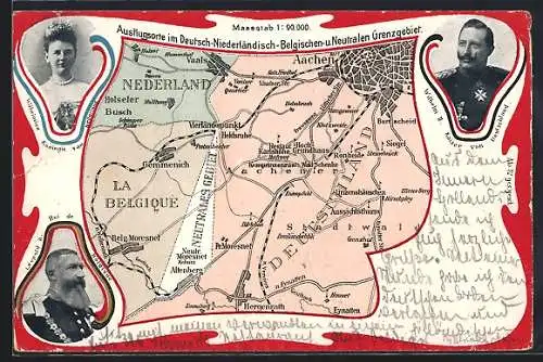 AK Ausflugsorte im Deutsch-Niederländisch-Belgischen & Neutralen Grenzgebiet, Kaiser Wilhelm II., Landkarte