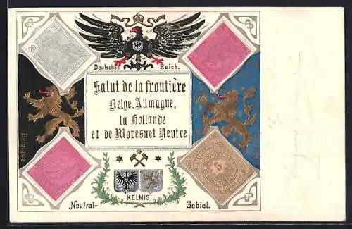 Präge-AK Frontière Belge, Allemagne, la Hollande et de Moresnet Neutre, Briefmarken und Wappen