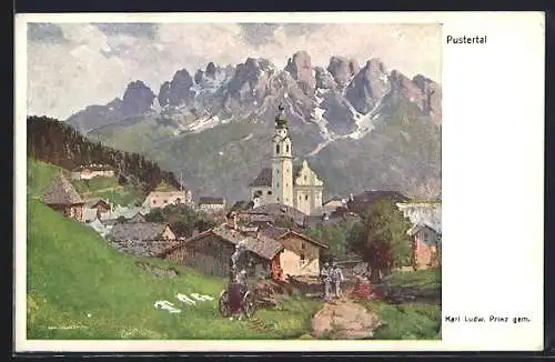 Künstler-AK Karl Ludwig Prinz, Rotes Kreuz Nr. 419: Pustertal, Blick zum Ort mit Kirche, Rotes Kreuz