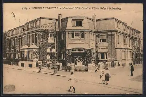 AK Bruxelles-Uccle, Monument Edith-Cavell et l`Ecole Belge d`Infirmières