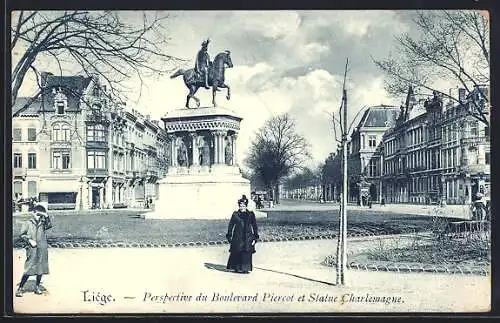 AK Liege, Perspective du Boulevard Piercot et Statue Charlemagne, Denkmal Karl der Grosse