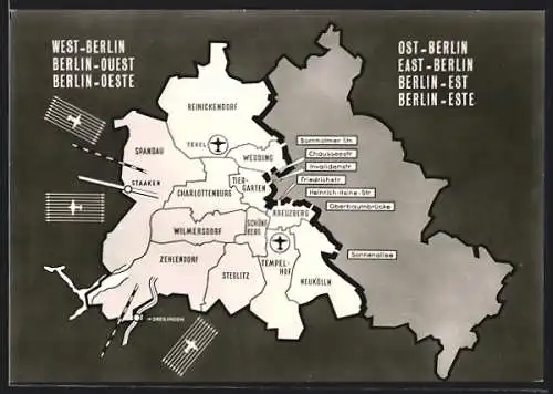 AK Berlin, Übersichtskarte des Grenzverlaufs zwischen Ost-und Westberlin