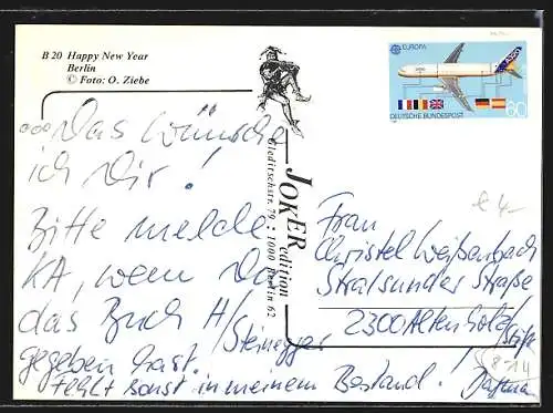 AK Berlin, Brandenburger Tor bei Nacht, Grenze, Neujahrsgruss