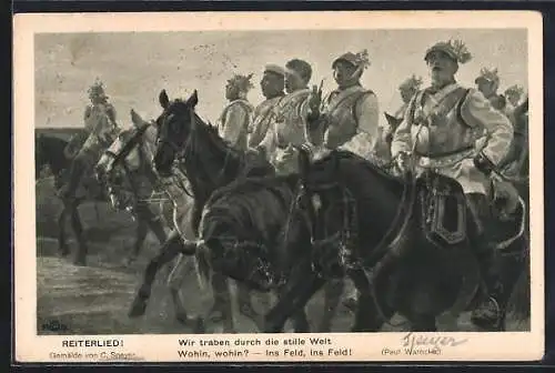 Künstler-AK Reiterlied, Wir traben durch die stille Welt ins Feld, Kavalleristen singen