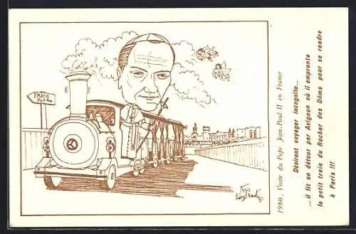 Künstler-AK Karikatur von Papst Johannes Paul II. in einer Eisenbahn nach Paris fahrend