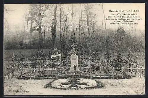 AK Courdemanges /Vitry-le-Francois, Tombes de Soldats des 107e, 108e et 110e d`Infanterie, Grande Guerre 1914-15