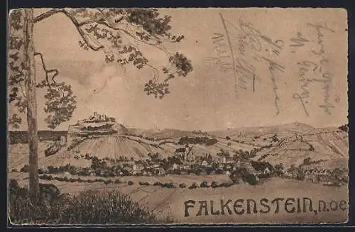 Künstler-AK Falkenstein /N. Oe., Teilansicht mit Burg