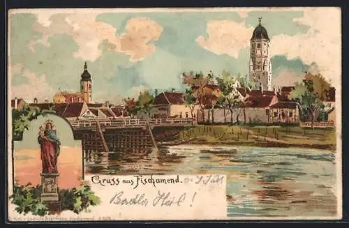 Lithographie Fischamend, Flusspartie mit Ortsanblick und Kirche, Heiligenfigur mit Kind