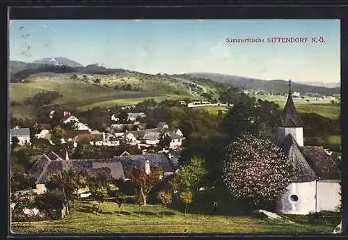 AK Sittendorf, Ortsansicht mit Kirche und Fernblick