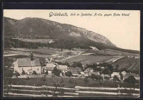 AK Grünbach /N.-Oe., Teilansicht mit Kirche gegen Hohe Wand