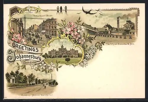 Lithographie Johannesburg, City & Suburban Gold Mine Co., Commissioner Street, Saratoga Avenue