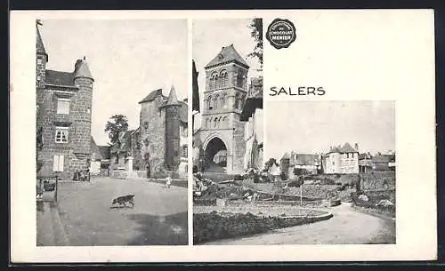 AK Salers, Vues du village avec architecture médiévale et place centrale