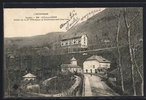 AK Vic-sur-Cère, Hôtel de la Cie d`Orléans et Établissement thermal en hiver