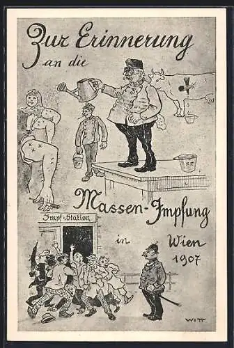 AK Wien, Massen-Impfung 1907, humoristische Darstellung