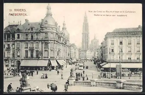 AK Anvers, Vue du Canal au Sucre et tour de la Cathedrale