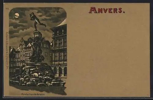 Lithographie Anvers, Fontaine de Brabo