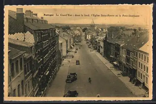 AK Bastogne, La Grand`Rue dans le fond, l`Eglise Saint-Pierre et le Petit-Séminaire