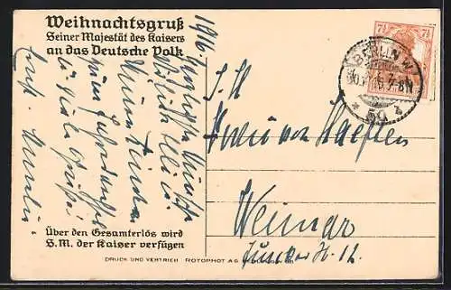 AK Weihnachtsgruss von Kaiser Wilhelm II. an das deutsche Volk, 1916