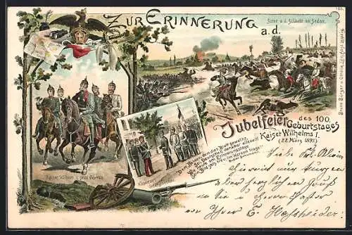 Lithographie Schlacht um Sedan, Kaiser Wilhelm I. und seine Generäle, Napoleons Gefangennahme