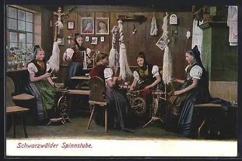 AK 5 Frauen in der Schwarzwälder Spinnstube