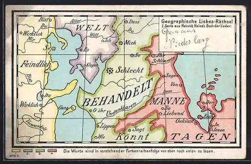 AK Geographische Liebes-Rätsel, Landkarte mit Sagen, Wirklich, Feindlich