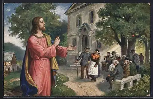 Künstler-AK Schmiedeberg, Jesus mit dem Haus der Armen