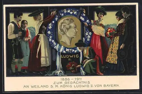 AK Frauen schmücken Gedenktafel König Ludwig II., Blumenkranz