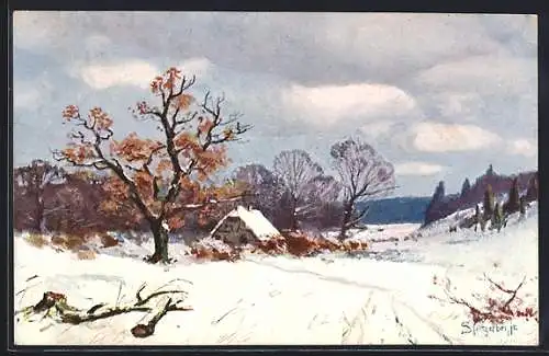 Künstler-AK August Splitgerber: Einzelnes Haus in winterlicher Landschaft