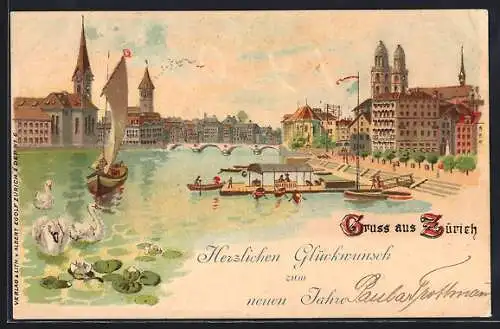 Lithographie Zürich, Stadt-Panorama mit Steg und Brücke, Schwäne, Segelboot, Neujahrsgruss