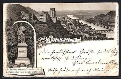 Vorläufer-Lithographie Heidelberg, 1893, Stadt-Panorama, Scheffel-Denkmal