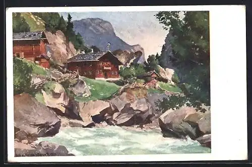 Künstler-AK Ginzling, Gasthaus zum Karlsteg im Zillertal