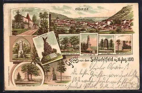 Lithographie Gorze, St. Clement, Denkmäler der Inf.-Rgt. 56, Inf-Rgt. 48, 5. Division, Grenad-Rgt. 11, Jäger Batl. 3