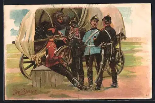 Lithographie Soldaten im Biwak