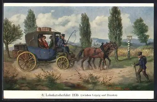 AK Lohnkutscherfahrt 1836 zwischen Leipzig und Dresden, Postkutsche