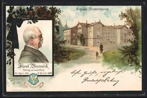 AK Friedrichsruh, gerahmte Todeskarte von Fürst Bismarck, Schloss Friedrichsruh