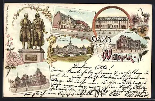 Lithographie Weimar / Thüringen, Museum, Schloss Belvedere und Post