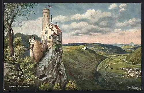 Künstler-AK Hans Boettcher: Lichtenstein / Schloss, Schloss mit Talpanorama