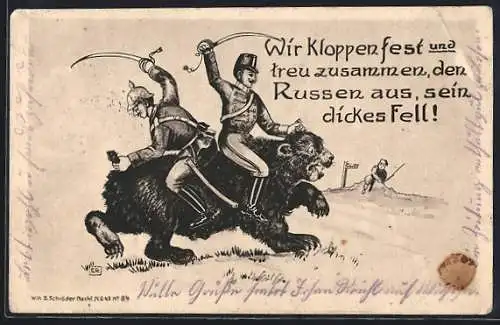 Künstler-AK Deutsche Soldaten reiten auf einem Bären, Klopfen dem Russen auf sein dickes Fell, Propaganda 1. Weltkrieg