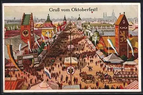 Künstler-AK München, Oktoberfest 1934, Festgelände mit Bierwagen