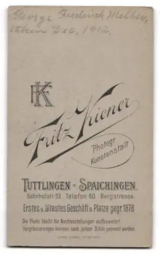 Fotografie Fritz Kiener, Tuttlingen, Bahnhofstrasse 53, George Frederick Melber im Jahr 1912