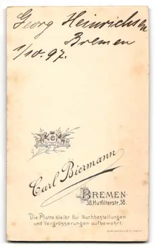 Fotografie Carl Biermann, Bremen, Hutfilterstr. 38, Georg Heinrichsen im Jahr 1897