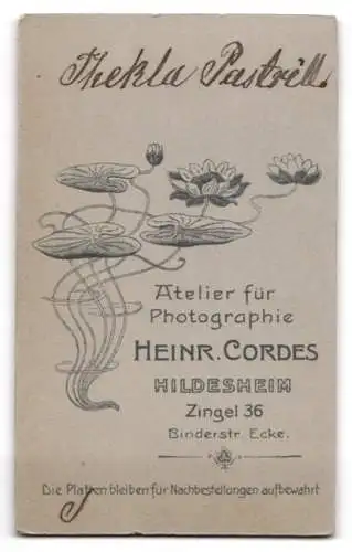 Fotografie Heinr. Cordes, Hildesheim, Zingel 36, Thekla Pastrill im Porträt